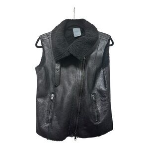 Women's Black 100% Leather Vest with Shearling Collar